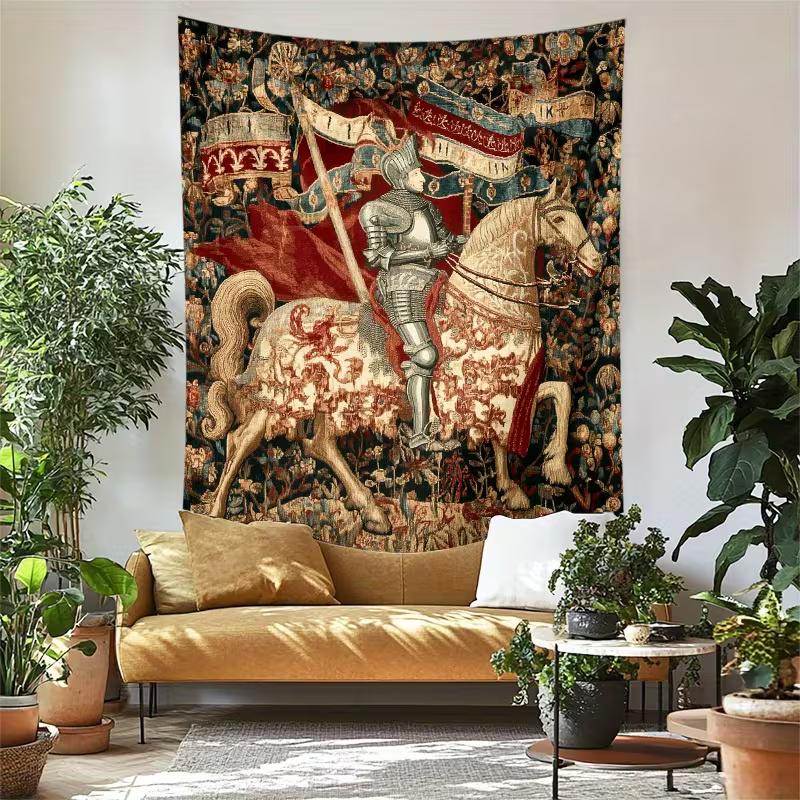 2D Vintage Knight Tapestry, Gothic Medieval Knight on Horse with Banner Wall Hanging 47.2x31.5inch/120*80cm
