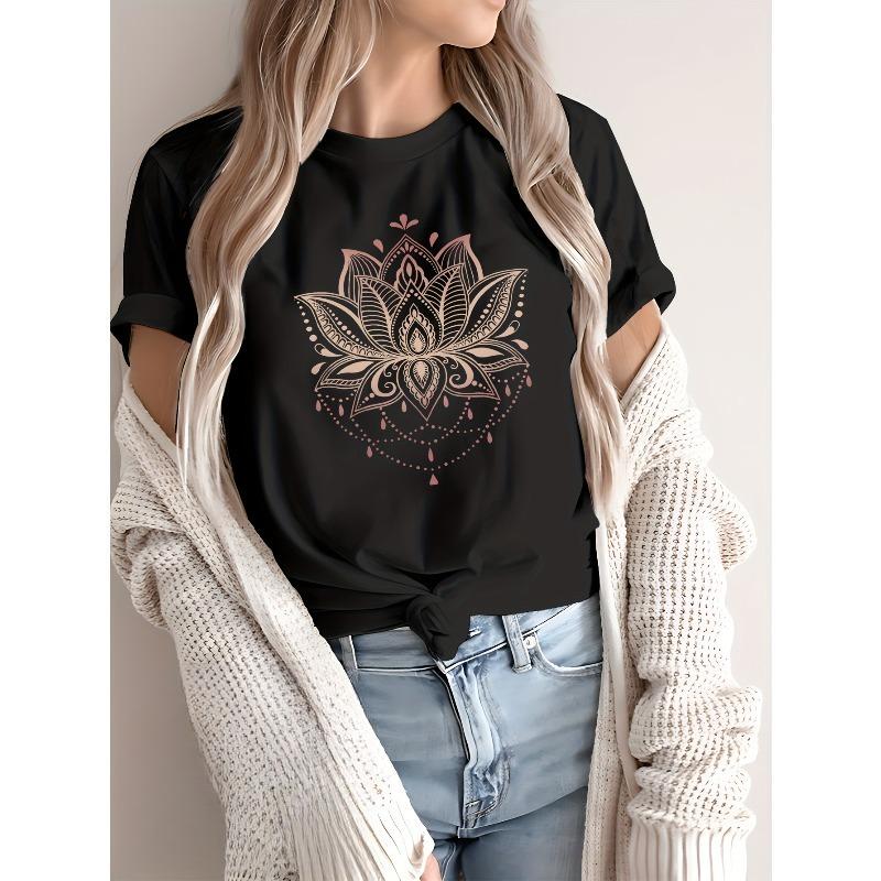 

European sizes Artistic Print Pattern Round Neck Short Sleeve T-Shirt for Women, Summer Round Neck 4XL чорний