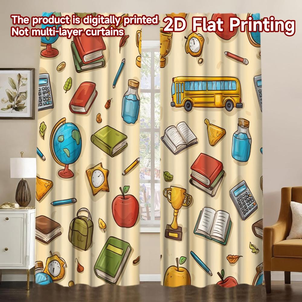 2D Flat Printing,2pcs Back to School Illustrations Print Chic Curta Versatile 100% Polyester Curta Decorations Perfect for