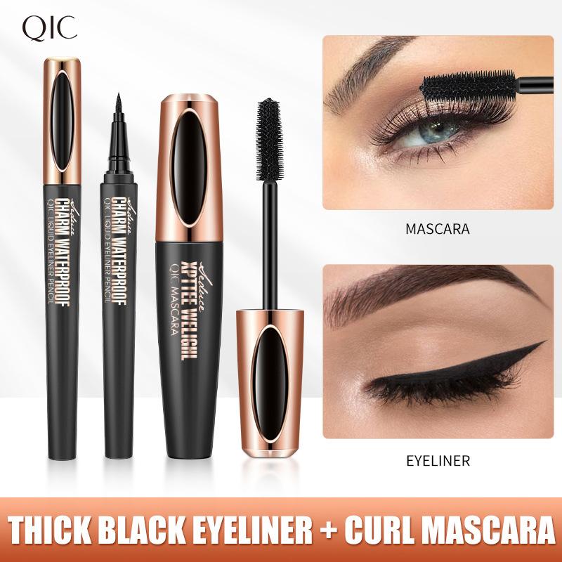 QIC eyeliner mascara set, eye makeup, slender and dense, waterproof and non-smudging 2 pcs