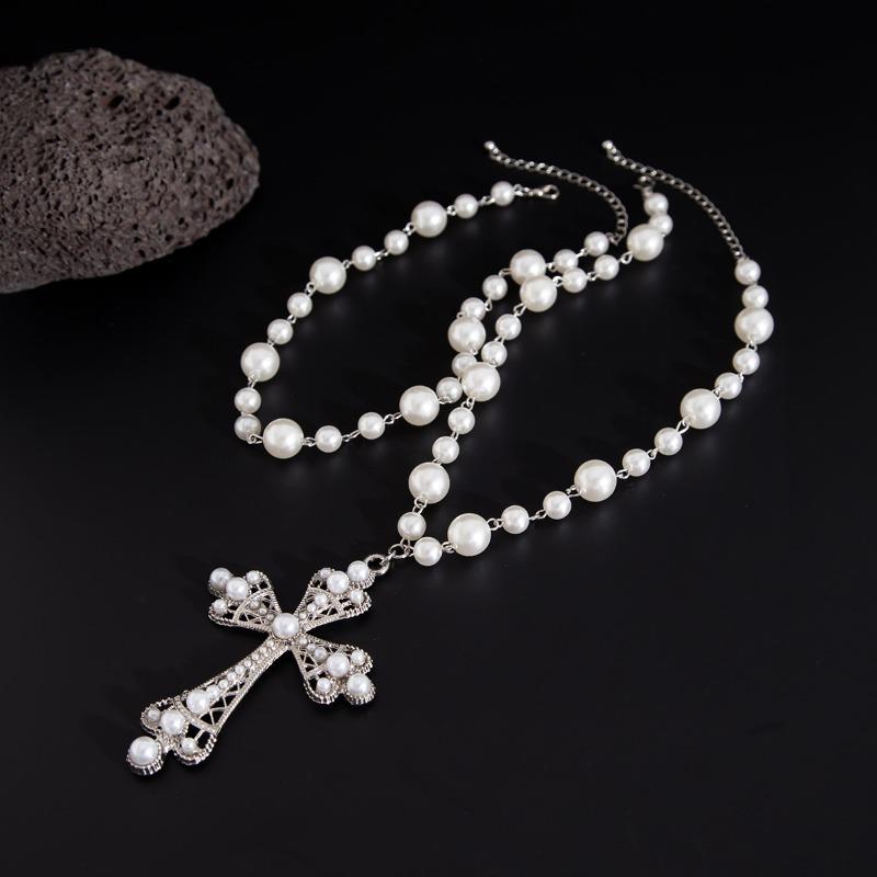 Meier Punk Style Cross Necklace - Dark, Statement-making, Micro-paved Faux Pearl Layered Necklace