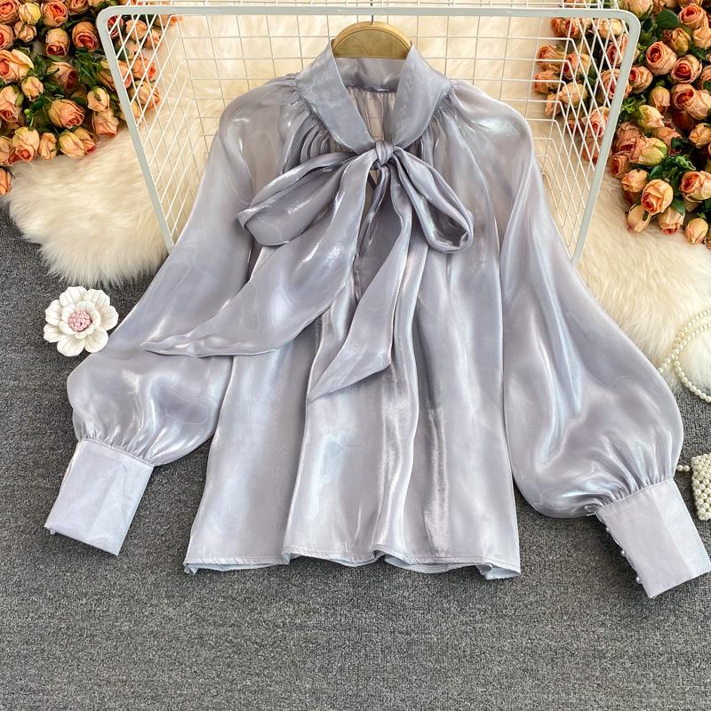 Sweet Women's Blouse Solid Color Butterfly Tie Lace-up Collar Long Sleeve Loose Stright Blusas Shirt Female All-matched Fashion