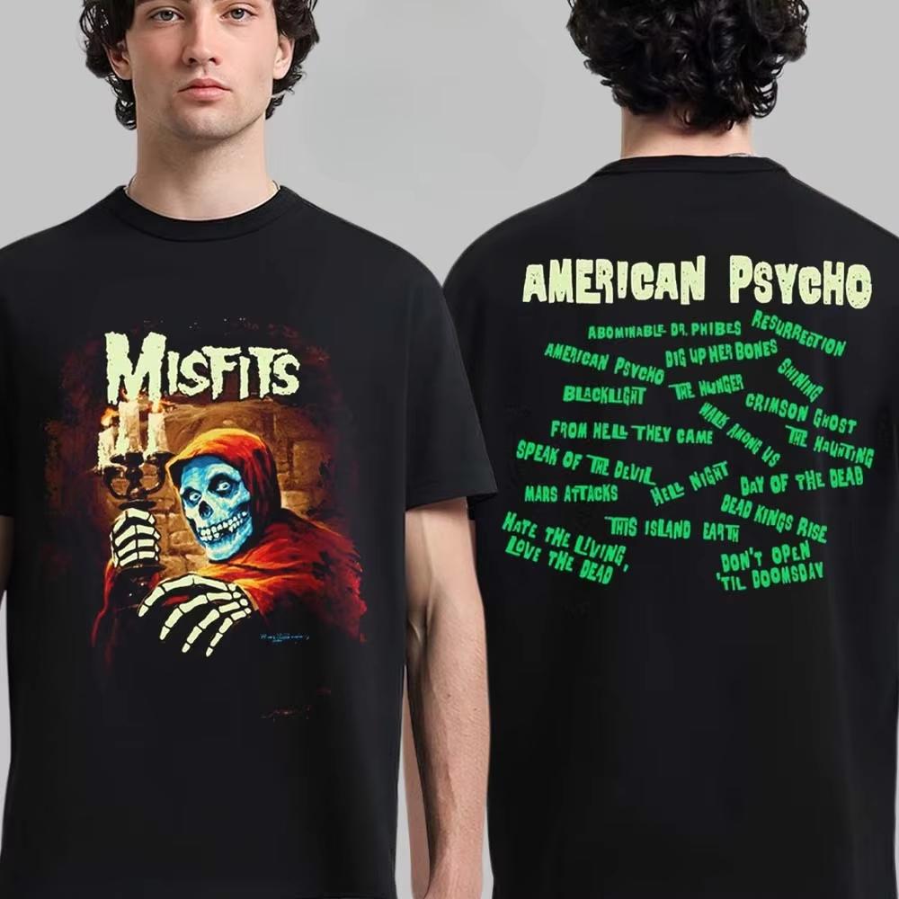 Misfits Comic Style Graphic Tee Green Skeleton Reaper Horror Punk Streetwear Casual Unisex