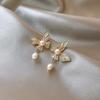 Elegant Chinese Butterfly & Freshwater Pearl Enamel Stud Earrings