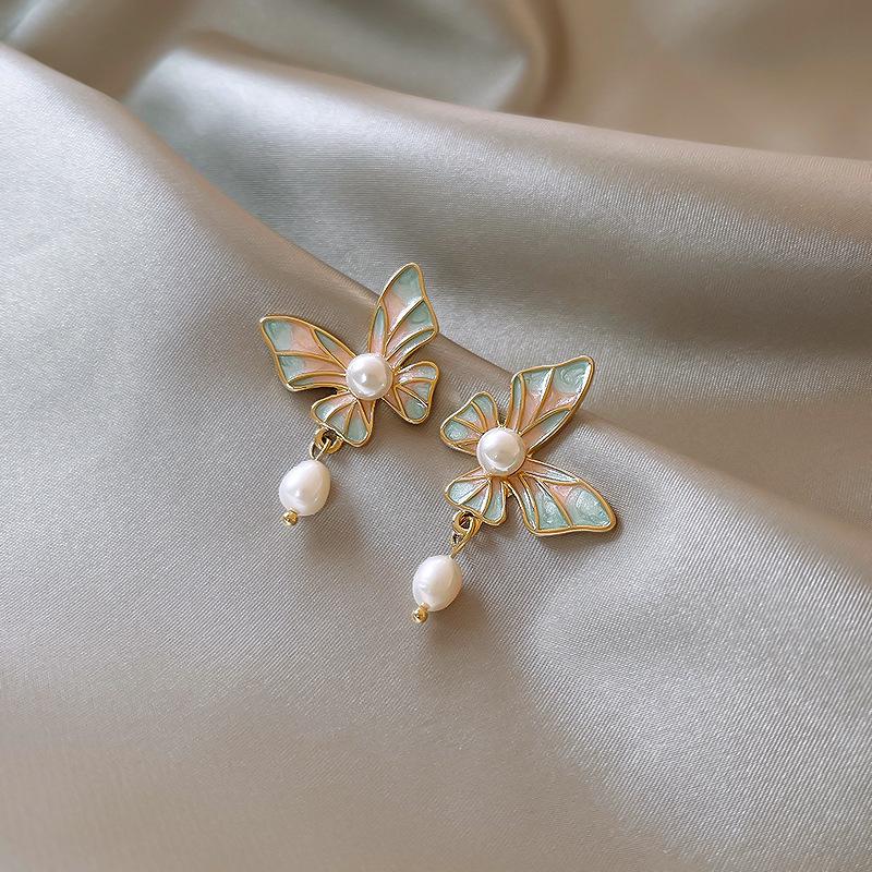 Elegant Chinese Butterfly & Freshwater Pearl Enamel Stud Earrings