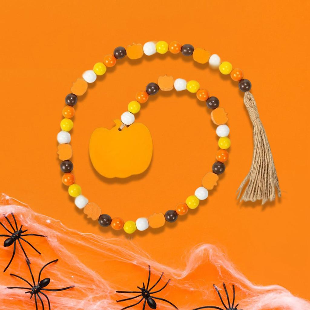 Rustic Wooden Bead Garland with Acorn Tassel and Pinecone Tag Autumn Tiered Tray Decor Hanging Ornaments for Fall Harvest Theme