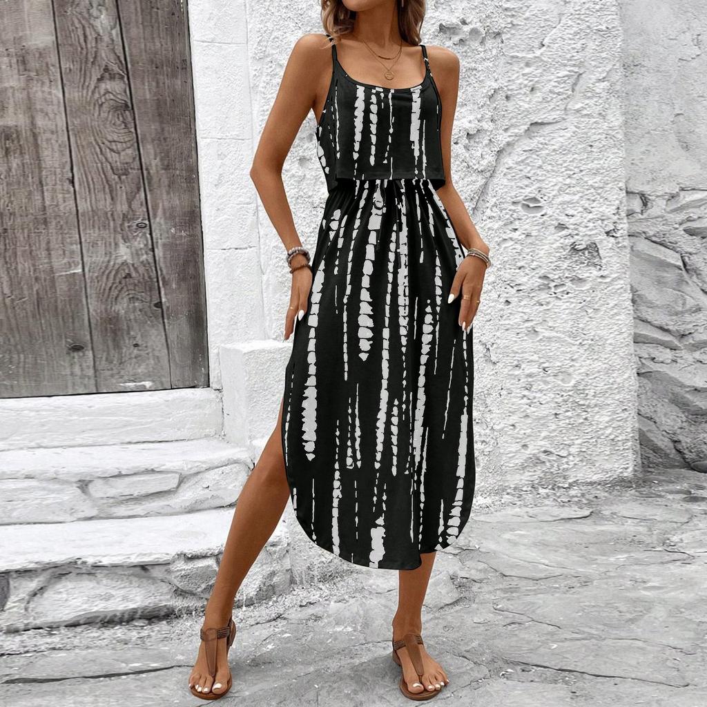 Women's Fashionable Retro Printed Camisole Waist Cinching Casual Dress