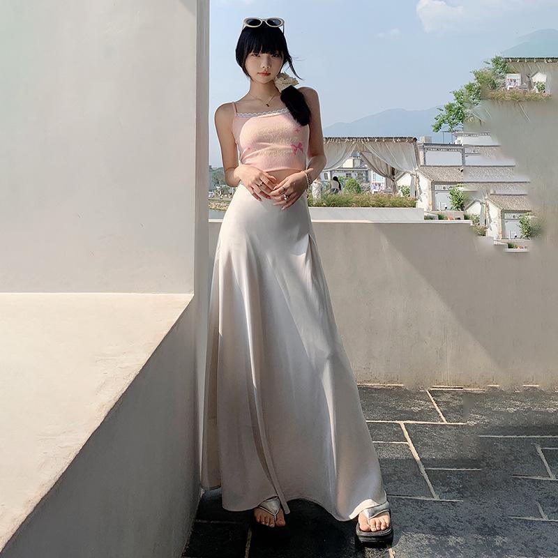 Hedvábná sukně A-linie slim-fit: Nový letní styl s vysokým pasem, všestranný, zvýrazňující temperament.