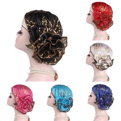 1pc Elegant Women Flower Elastic Mesh Turban Chemo Cap Muslim Beanie Head Wrap