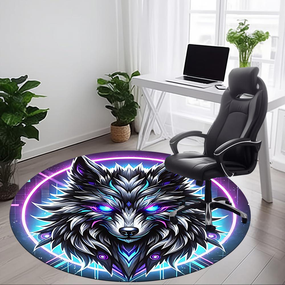 1pc Wolf Neon Office Round Area Rug, Under Office Chairs Bedroom Living Room Home Decor, Room Deco, Available In Various Sizes