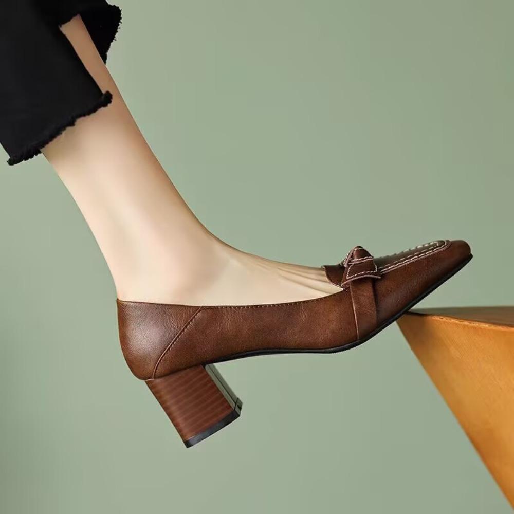 French Vintage High Heel Single Shoes Women's 2026 Spring Autumn New Style Bow Thick Heel Square Head High Heel Shoes Women's