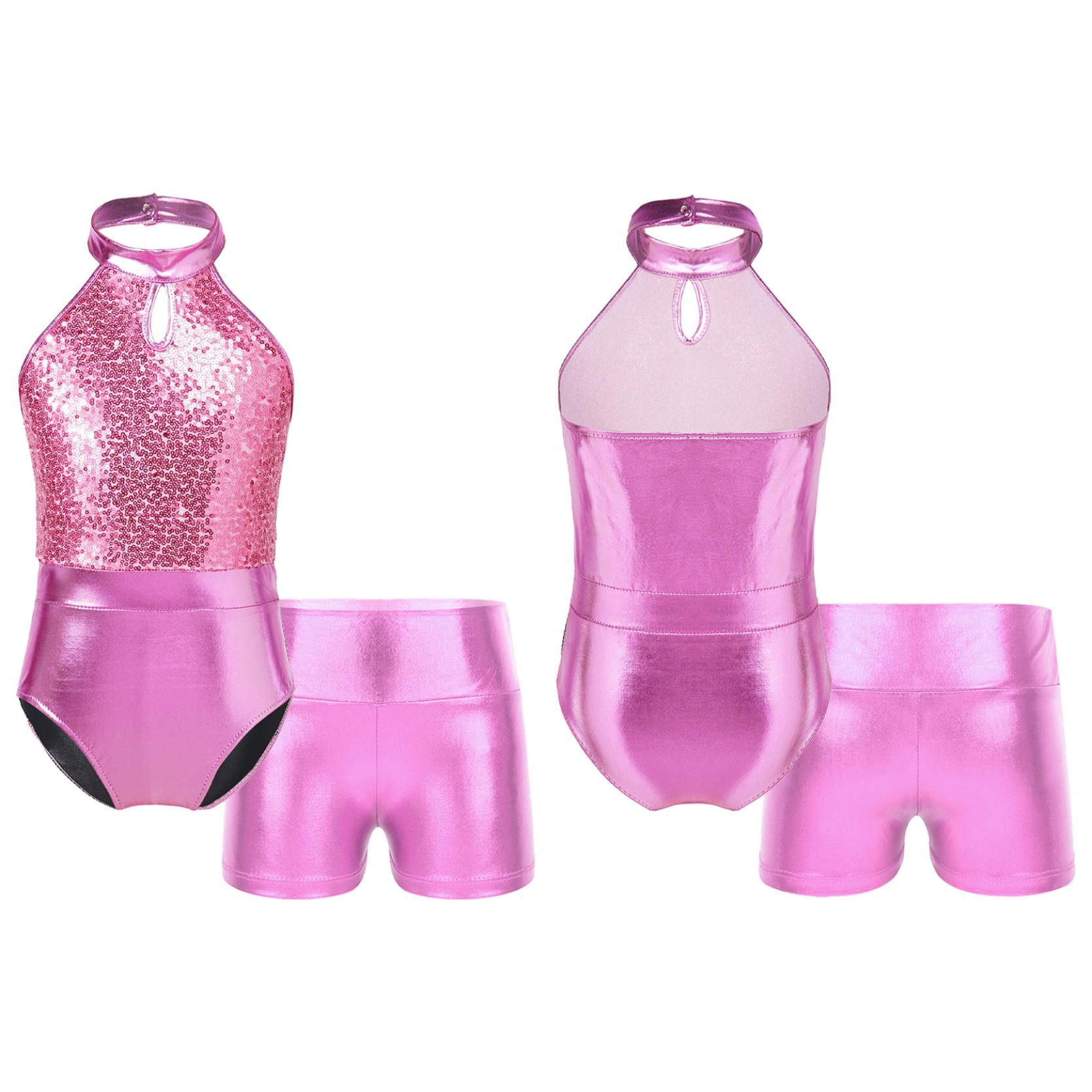 

Детский лоскутный купальник без рукавов для девочек с блестящими пайетками и шортами для соревнований по танцевальной гимнастике 9-10 Years розовый
