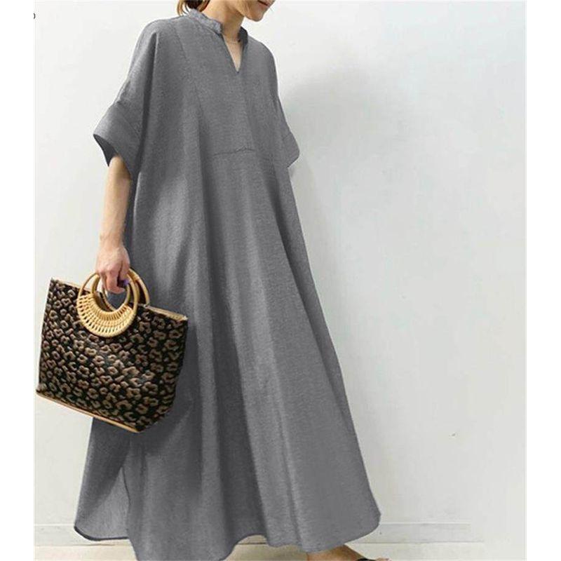 

2025 Spring/Summer Amazon Dress New Women s Solid Color Half-Sleeve Long Dress Casual Women s Dress in Stock Gray L