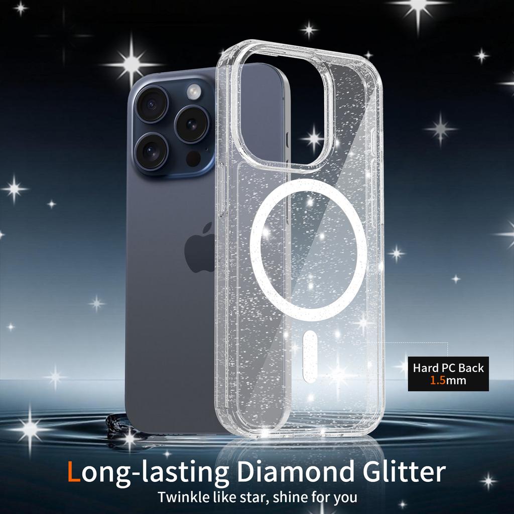 Anti-Yellowing Glitter Clear Case for Magsafe Iphone 17 Air 16 E 15 15Pro 14 Plus 13 Pro Max 13Pro 14Pro 16Pro 17Pro Mag Safe Phone Cover