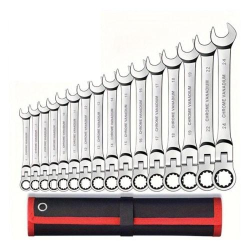 16-Piece Swing Ratchet Wrench Set with Case, 6mm-24mm Flex Ratchet Gear Wrench Set, Automotive and Bicycle Repair Tools, Various Sizes, Spanner, Combi