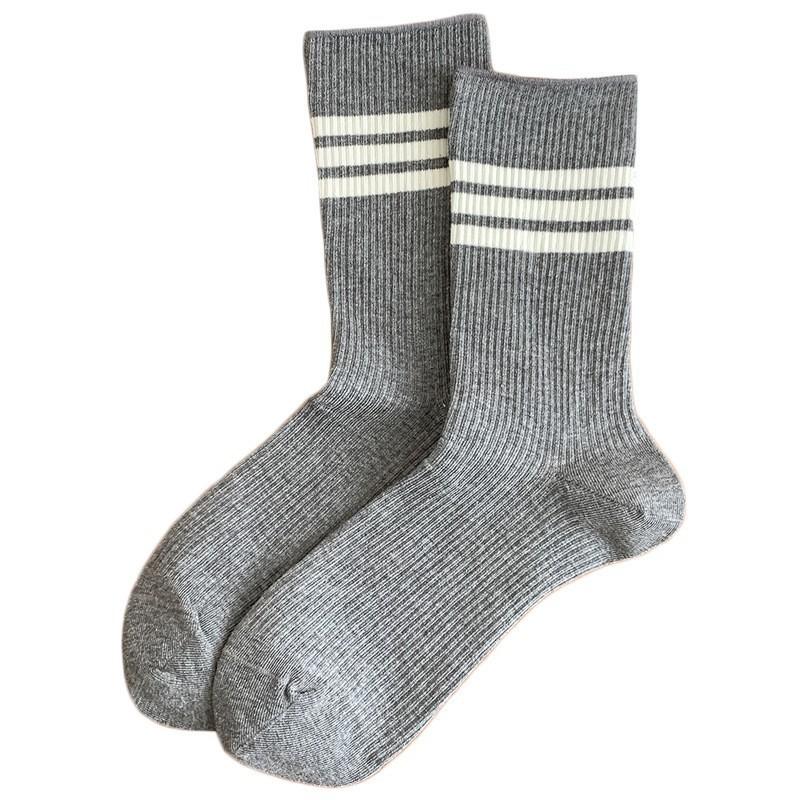 Double Needle Striped Socks Pure Cotton Tube Socks College Style Spring And Autumn Versatile Cotton Boneless Stacking Socks Women
