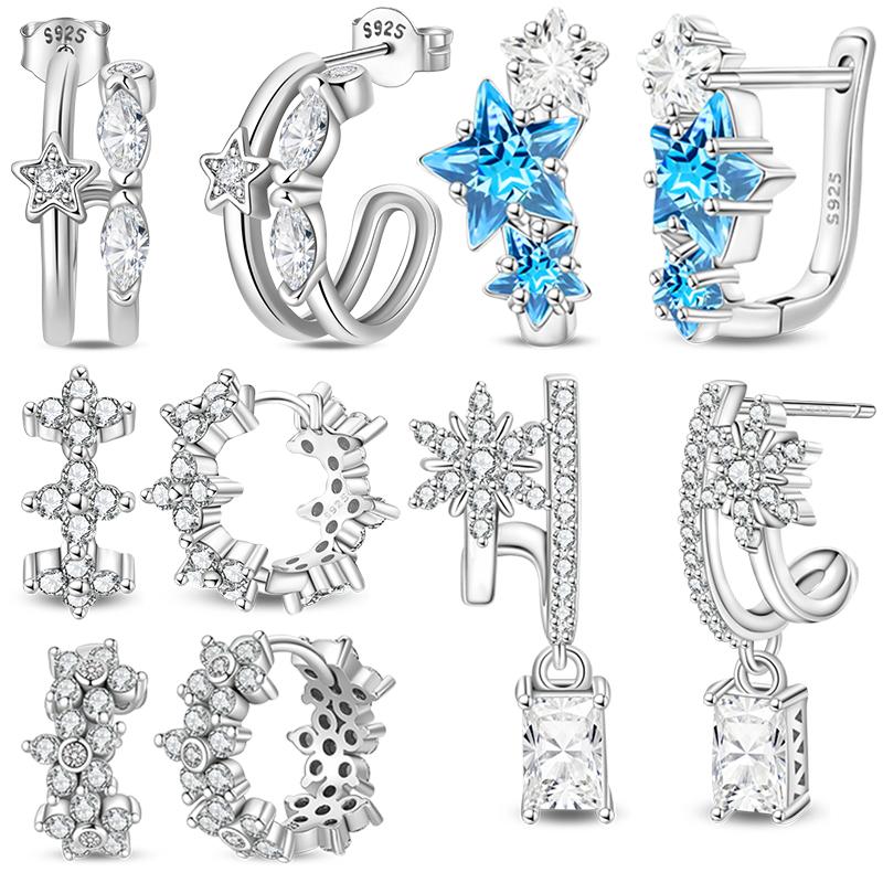 Snowflake Zircon Earrings Star Petal 925 Sterling Silver Women Zircon Ear Studs Sparkling Pave Hoop Earring Jewelry Gift