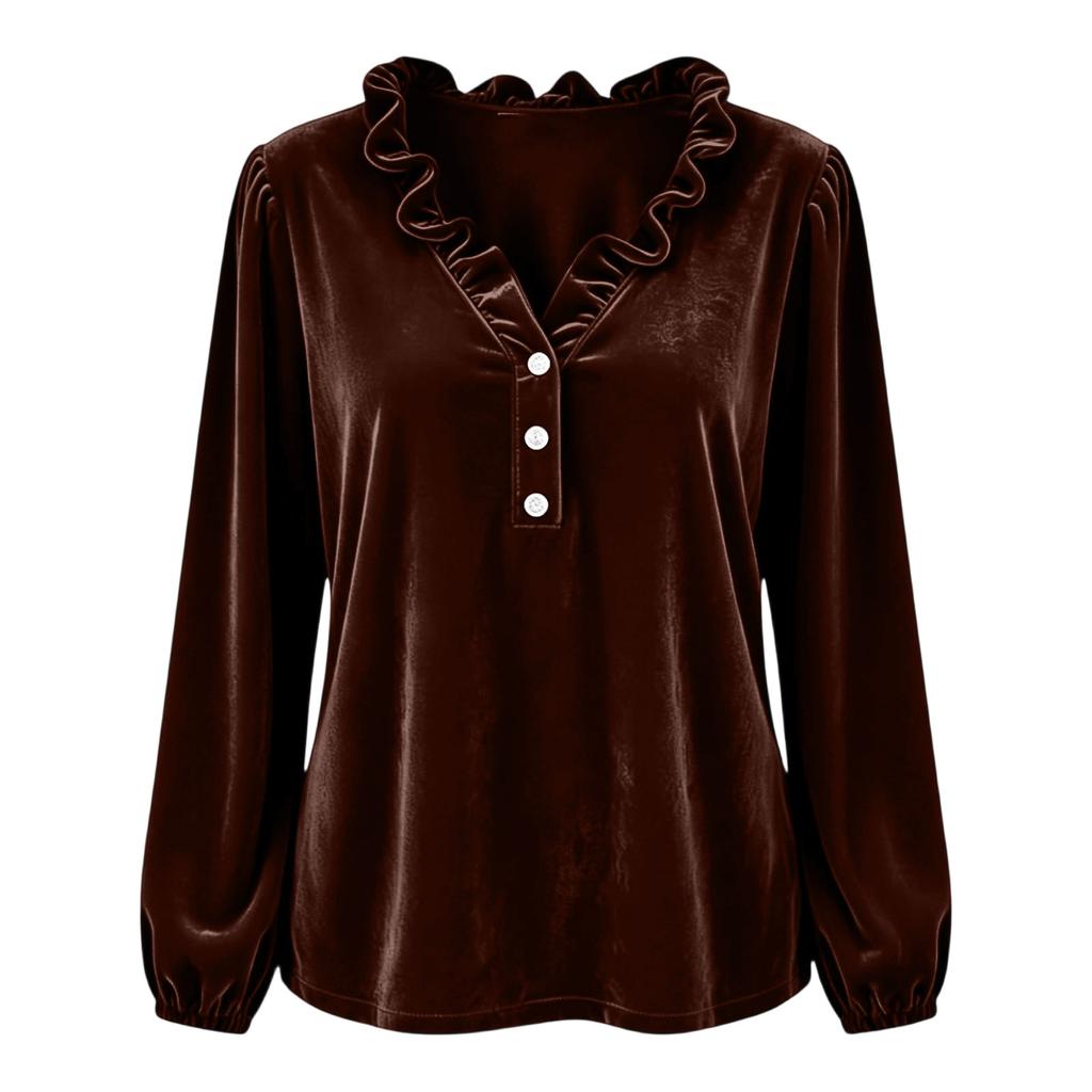 Women's Velvet Long Sleeve V-Neck Blouse with Ruffle Collar