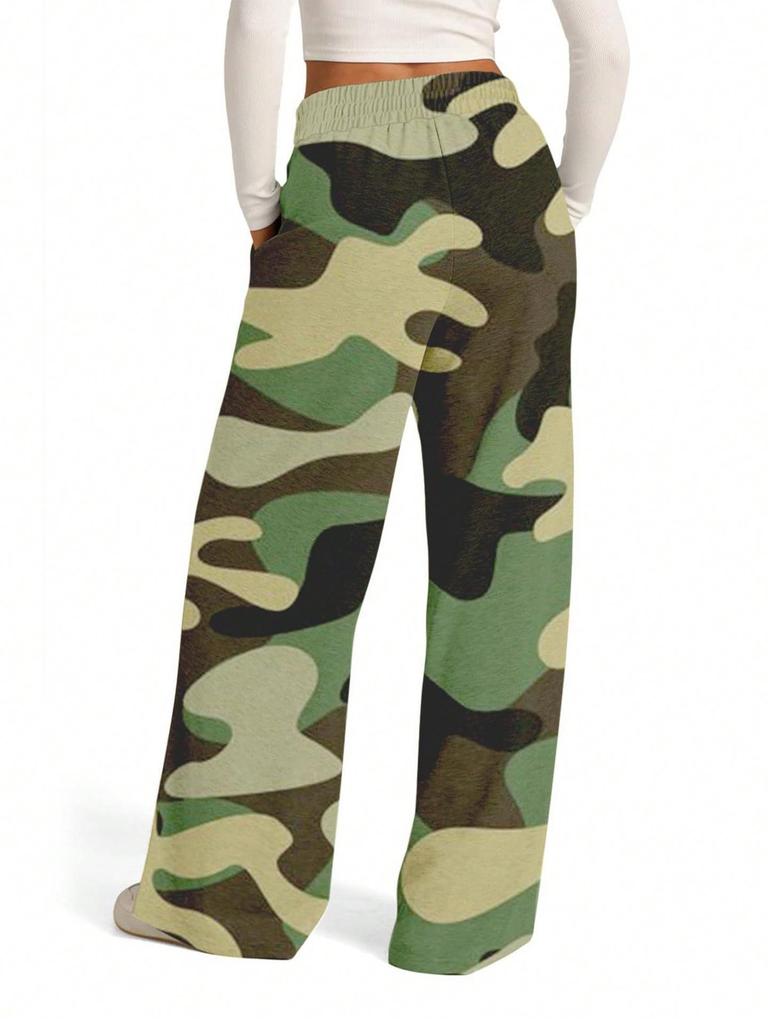 Damen Europäische & Amerikanische Camouflage Weitbeinige, Gerade Sportliche Freizeit-Hose