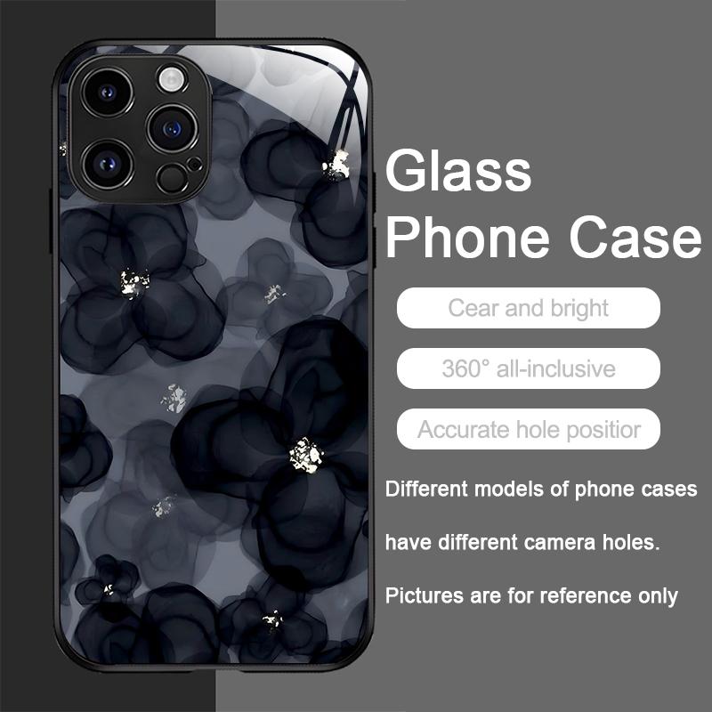 Luxury Black Rose Flower Graphic Tempered Glass Phone Case for IPhone 16 Pro Max 15 14 13 12 Mini 11 XS XR 7 8 Plus Hard Covers