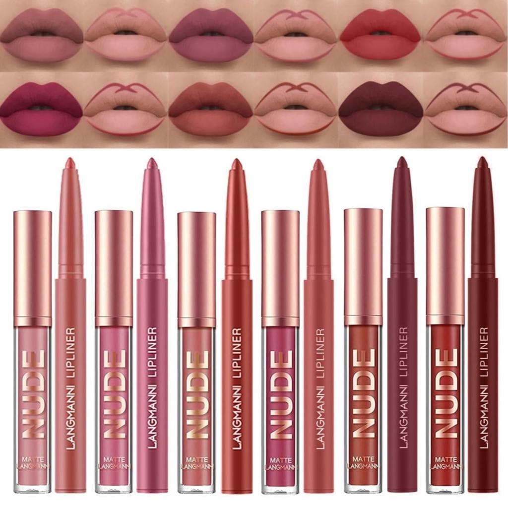 Lipstick Makeup Set 12pcs: 6 Velvet Matte Liquid Lipsticks + 6 Lip Liner Pencils, Waterproof Long-Lasting Pigment Lip Gloss Kit, Lip Makeup Gift