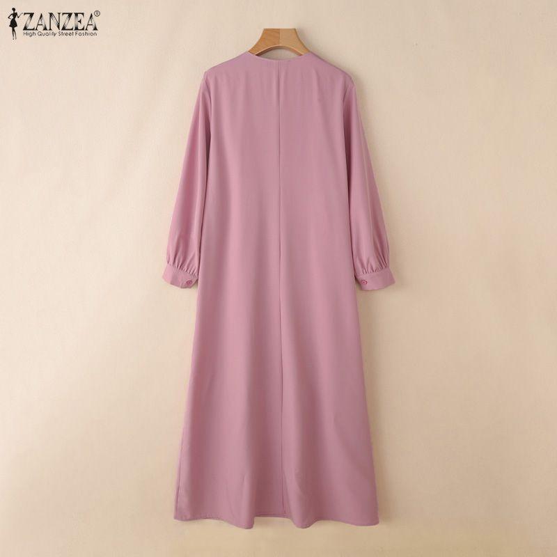ZANZEA Women Round Neck Long Sleeve Loose Casual Muslim Dress