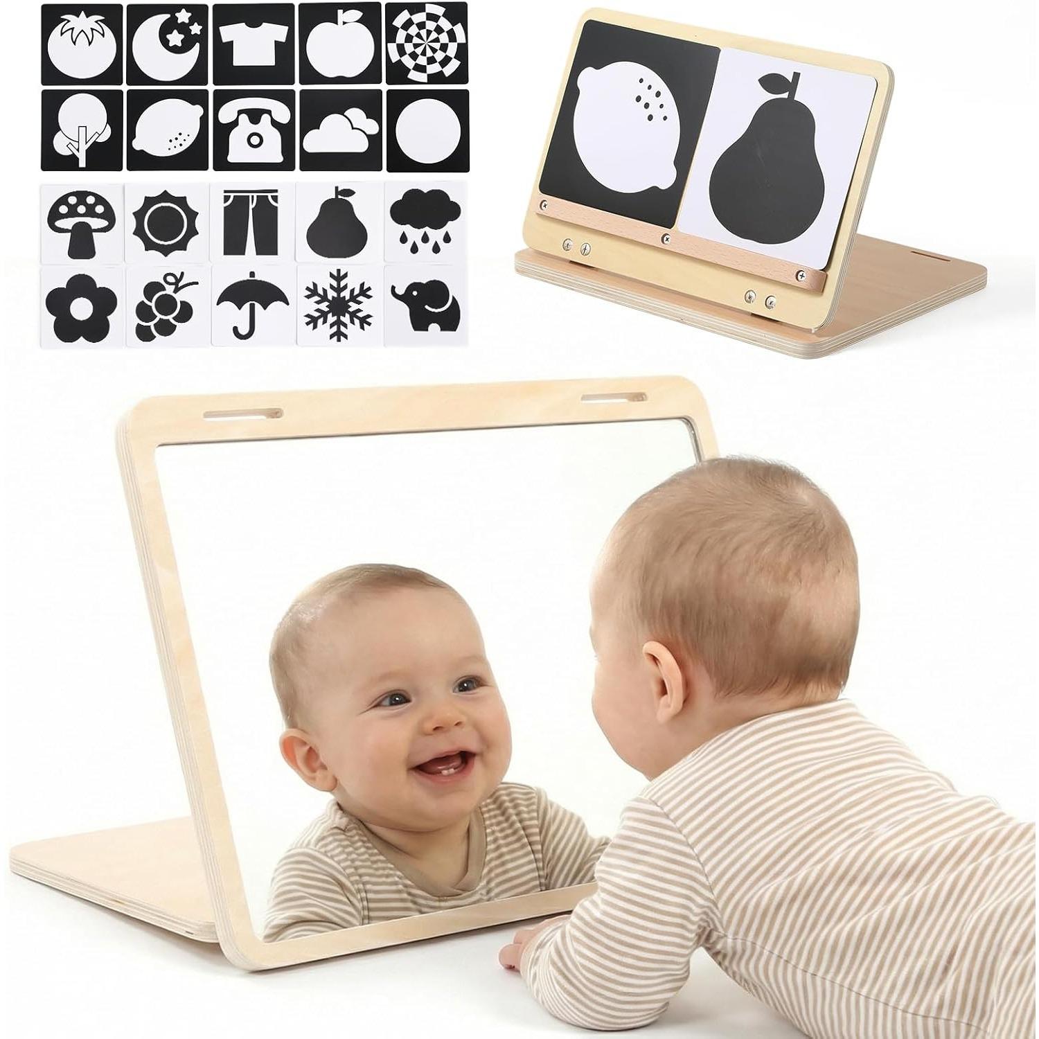 

Tummy Time Play Set Adjustable Angle, Double-Sided Design, Montessori Tummy Time Toys Large Baby Safe Mirror and Card Display Stand with Black A