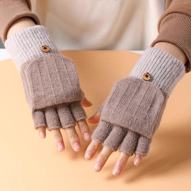 Gants d'hiver tricotés demi-doigts pour femmes avec rabat mignon - Laine de velours chaude, parfaits pour les étudiants qui écrivent.