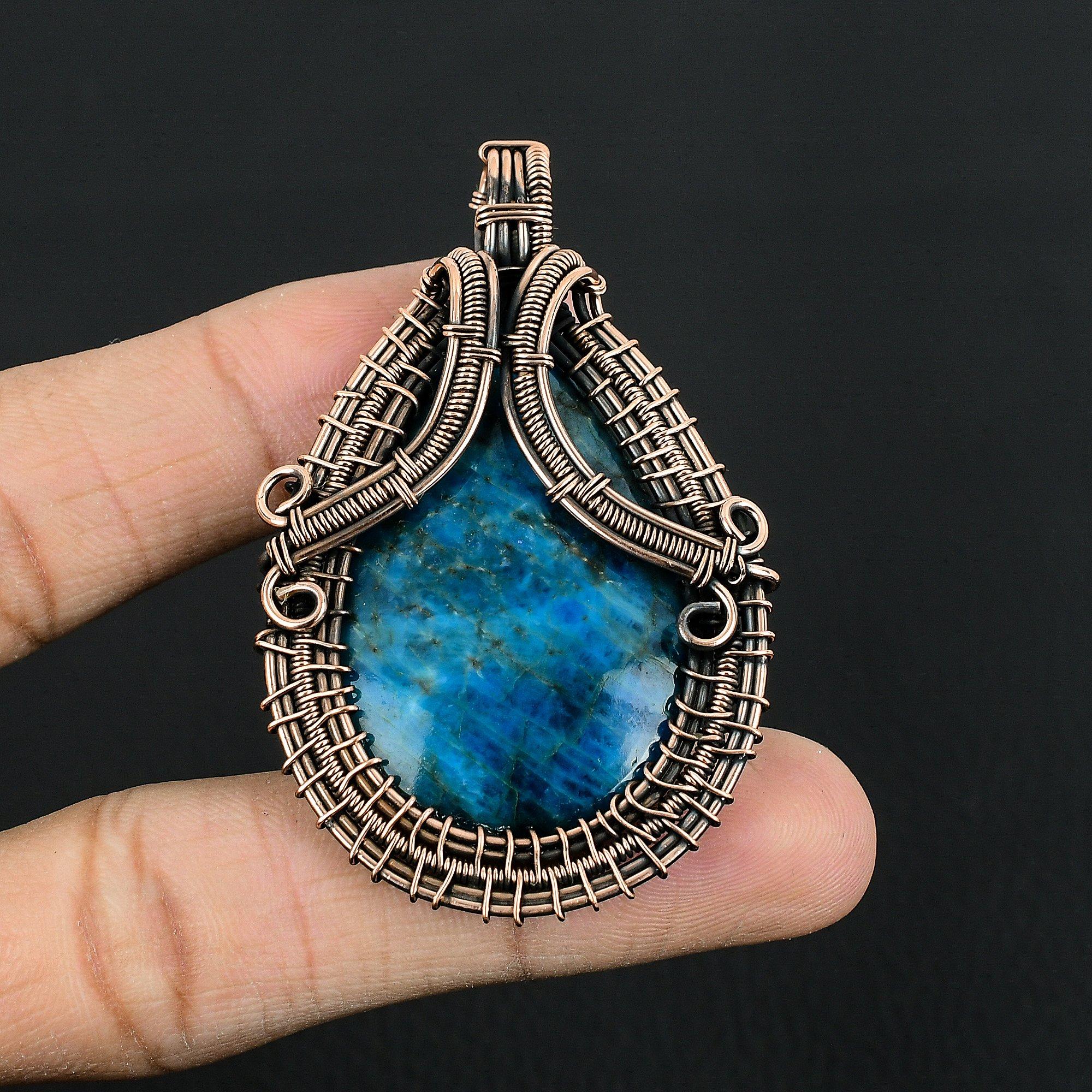 

Neon Blue Apatite Gemstone Pendant 999 Copper Wire Wrapped Jewelry, Handmade Antique Pendant Jewelry, Gift For Mother 2.55 Inches