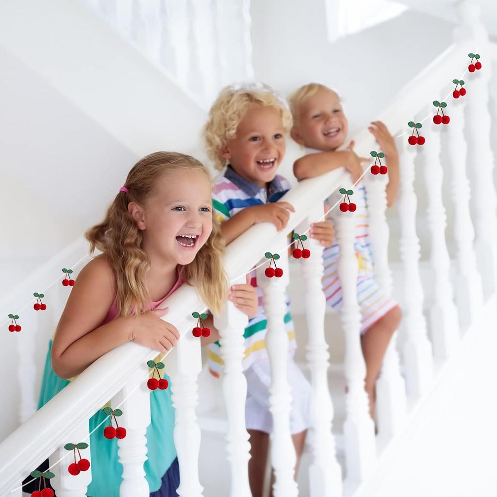 Jexine 3 Pieces Cherry Garland Decor Summer Cherries Party Decoration Pom Pom Felt Bunting Banner 6.6 Ft Colorful DIY Fruit Hanging Ornaments for