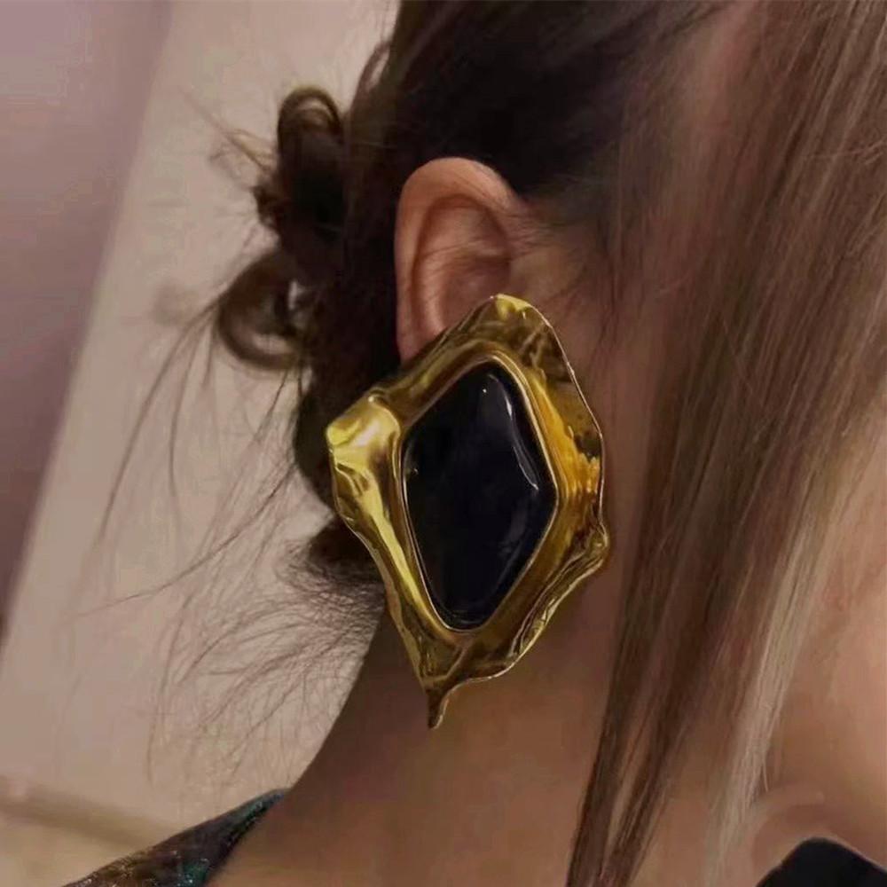 New Rhombus Geometric Metal Alloy With Black Stone Stud Earrings For Women Jewelry Gorgeous Daily Collection Accessory