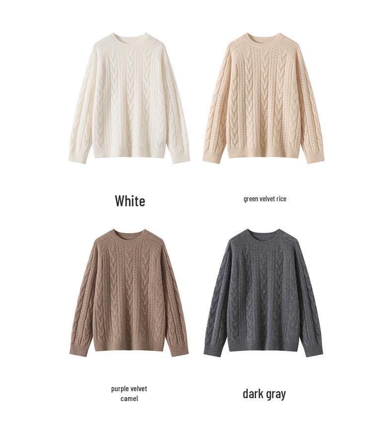 2025 Autumn/Winter Women's 100% Cashmere Round Neck Hollow Cable Knit Casual Loose Pullover Sweater