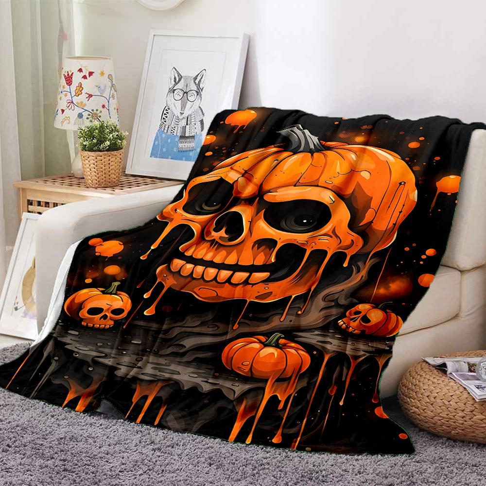 1PC Pumpkin Skull Halloween Decoration Print Blanket, Soft Throw Blanket - Warm & Cozy for Couch, Bed, Office, and Travel Yy250912216