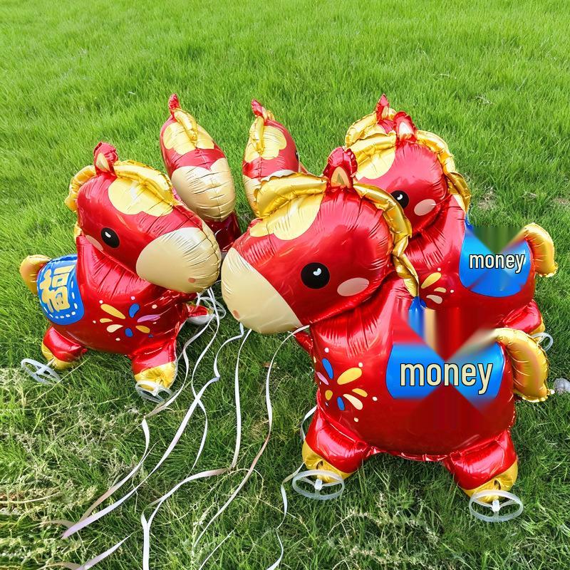 Year of the Horse Aluminum Foil Balloon with Wheels - Walking, Wealth-Attracting Cartoon Design for Night Market Stalls