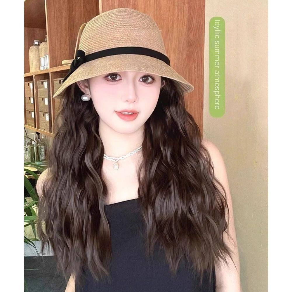 Sun Visor Bowknot Straw Hat Wig Bucket Hat Fisherman Hat Wig Sweet Long Curly Wave Hair Wigs  Women