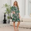 Damen Lässiges Leichtes Kleid mit Reißverschluss vorne, Blumendruck, Dreiviertelärmel, Knielang, mit Taschen für Loungewear und zum Schlafen