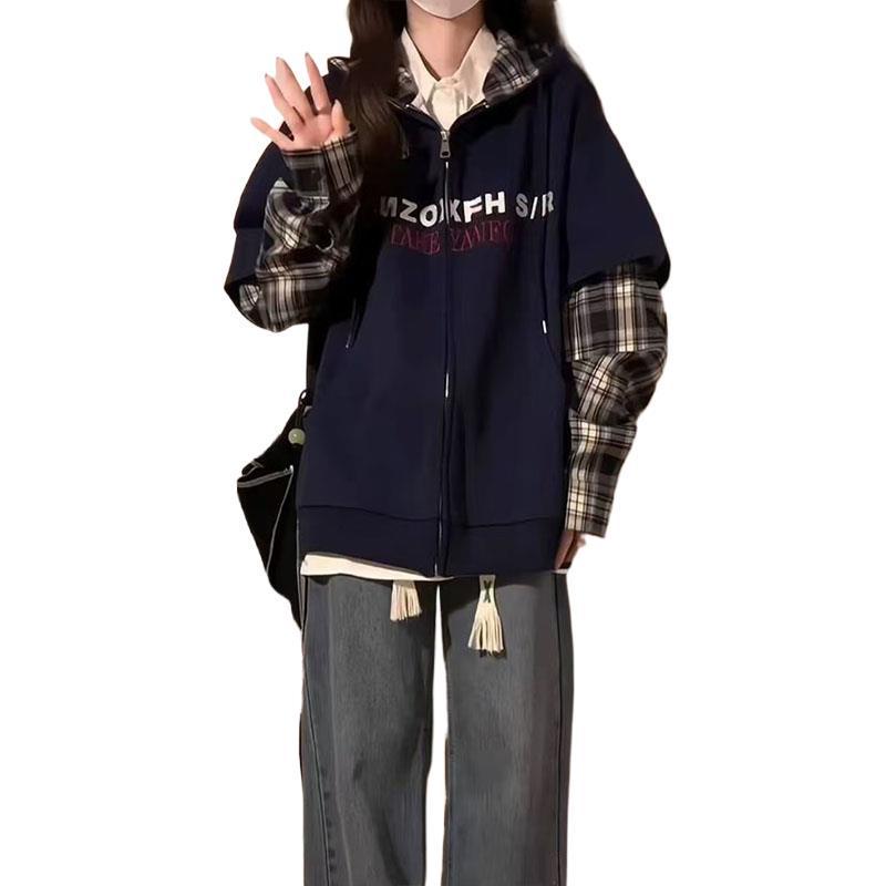 Women's Plaid Patchwork Two-Piece Hooded Sweatshirt - Loose, Stylish, and Lightweight for Spring