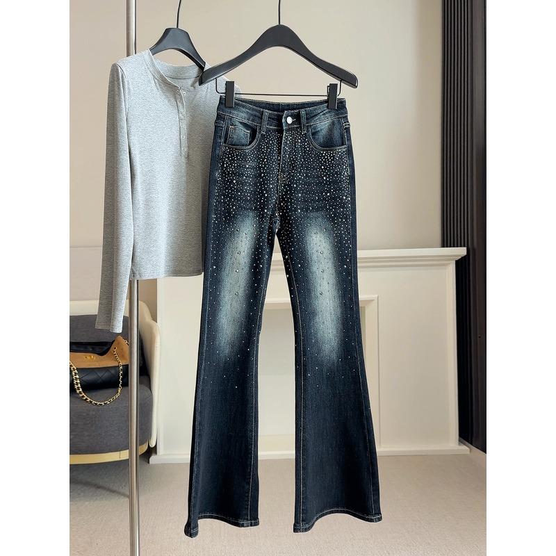 

Spring new heavy industry hot diamond bootcut jeans women s small high-waisted stretch slimming versatile flared pants XL темно-синього кольору