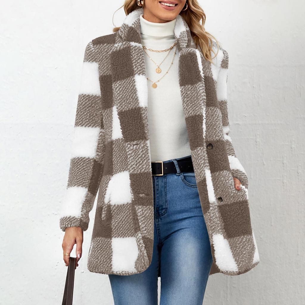 Women's Fashion Plaid Lapel Long Sleeved Coat With Buttons, Plush Warm Jacket With Pockets