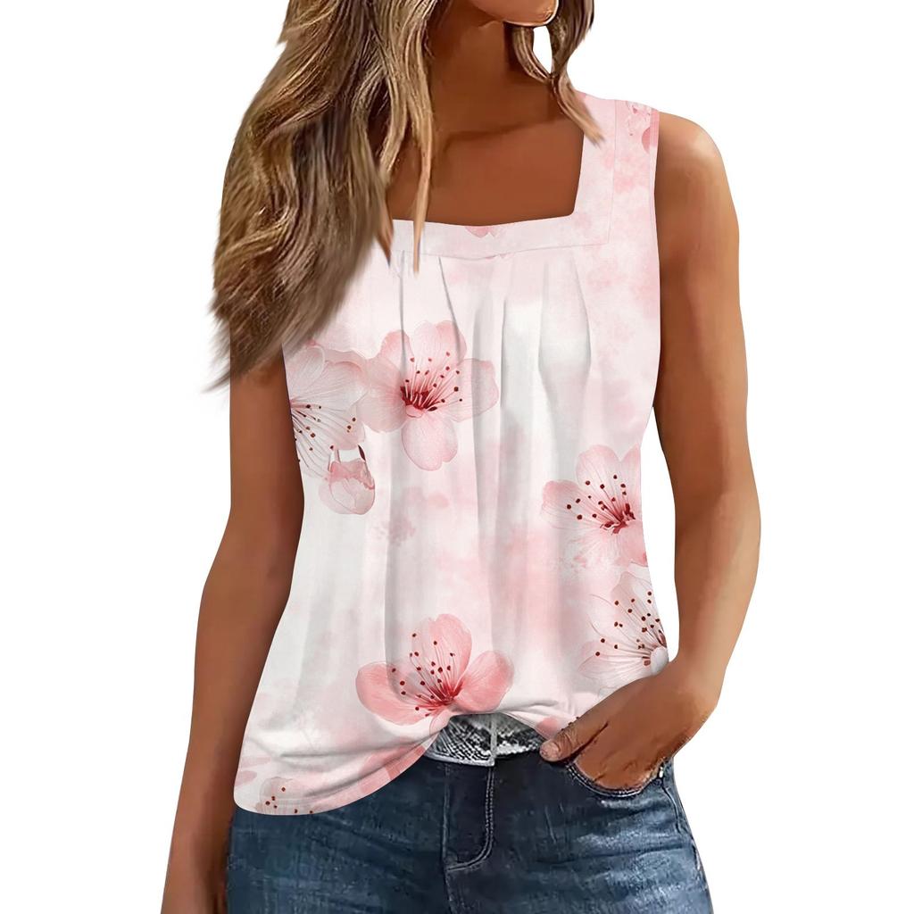 Women's Pleated Square Collar Sleeveless Vest Print T-shirt