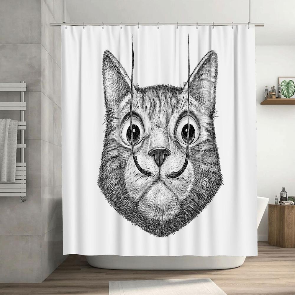 Cat Shower Curtain Artistic Pet Portrait Bathroom Decor Modern Farmhouse Liner Vintage Animal Illustration Home Decor Washable C