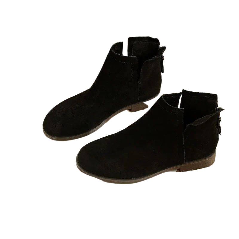 Ghete Chelsea Retro cu Toc Mic pentru Femei - Versatile cu Vârf Rotund, Piele Suedeză Confortabilă, Căptușite cu Fleece, Fermoar la Spate, Stil Martin până la Glezne.