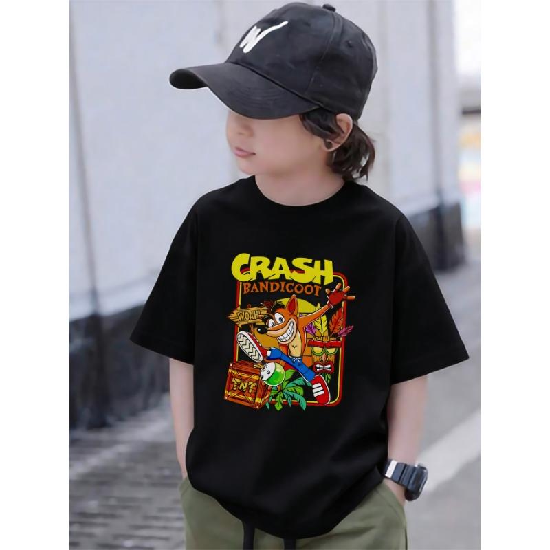 Summer Boys' Short-Sleeved T-Shirt! All Black Crash Bandicoot Classic Character Prints, Casual And Versatile