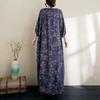 Cotton and Linen Printed Dress, Loose Robe, Lantern Sleeve Long Skirt