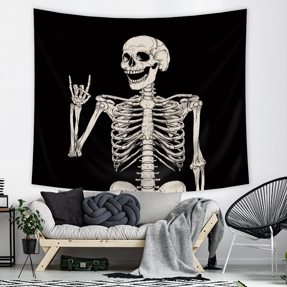 Riyidecor Skull Skeleton Tapestry Wall Hanging 51Hx59W Inch Funny Black and White Theme Home Decor for Men Women Gothic Hippie Halloween Bohemian