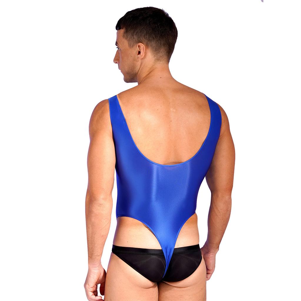 Mens High Cut Sleeveless Bodysuit Glossy Backless Leotard One-Piece Swimsuit Yoga Fitness Swimming Performance Wear
