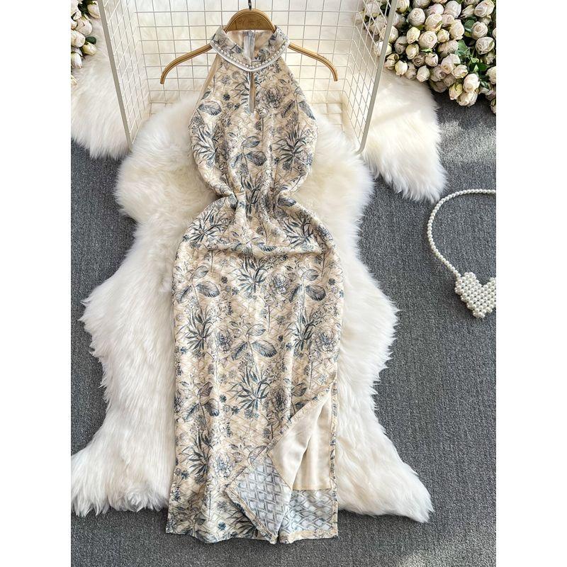 Chinese Style Ink Painting New Chinese Style Cheongsam Summer Fancy Socialite Temperament Waist-Controlled Slimming Slit Sheath Dress