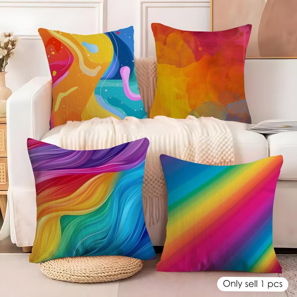 Rainbow Color Cushion Cover Natural Linen Organic Fabric DoubleSided Printing Couch Pillow Covers Home Decor