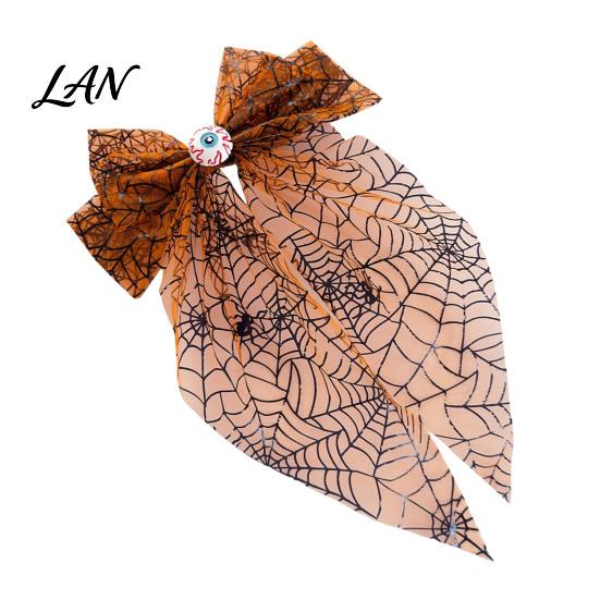 Lightweight Hair Clip Halloween Spider Web Bow Clip, Pumpkin Eyeball Tulle with Long Tails, Women Accessories for Holiday Party