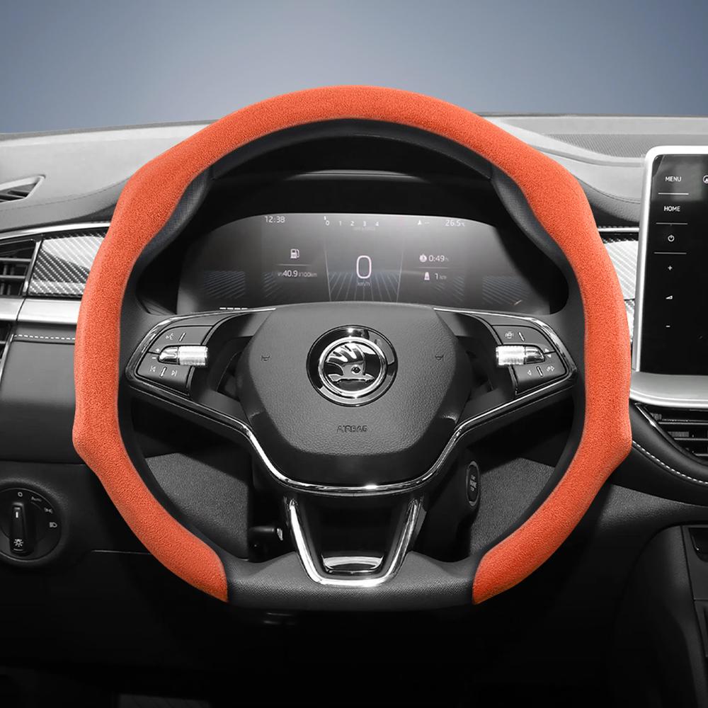 Suitable for Skoda Premium Suede Snap-On Steering Wheel Cover, Non-Slip and Durable, Round and D-Shaped Steering Wheel Available for Octavia 
